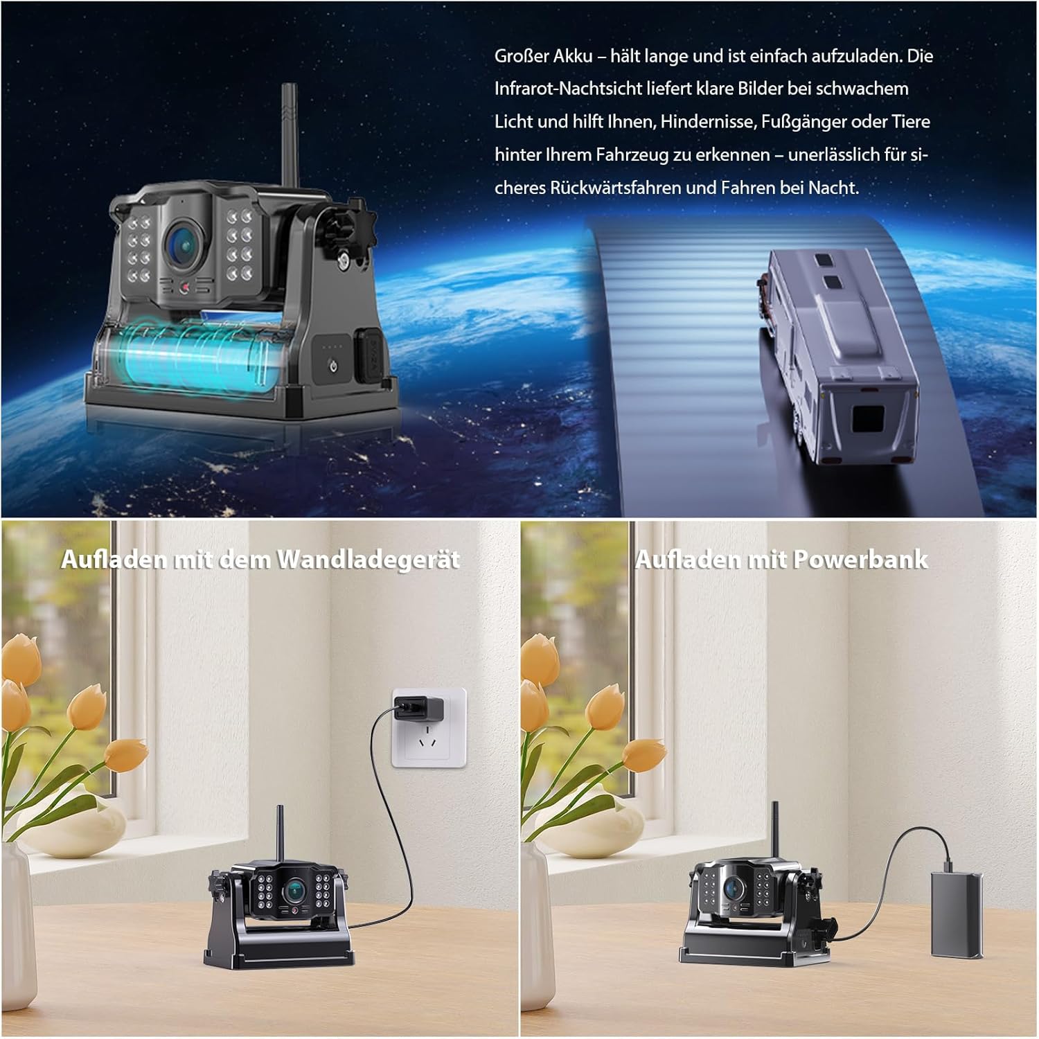 Detalle de 2 magnetische Rückfahrkamera Kabellos mit 10 Zoll IP69K Monitor – 1080P, 9600 mAh Akku, 1-Min Einrichtung