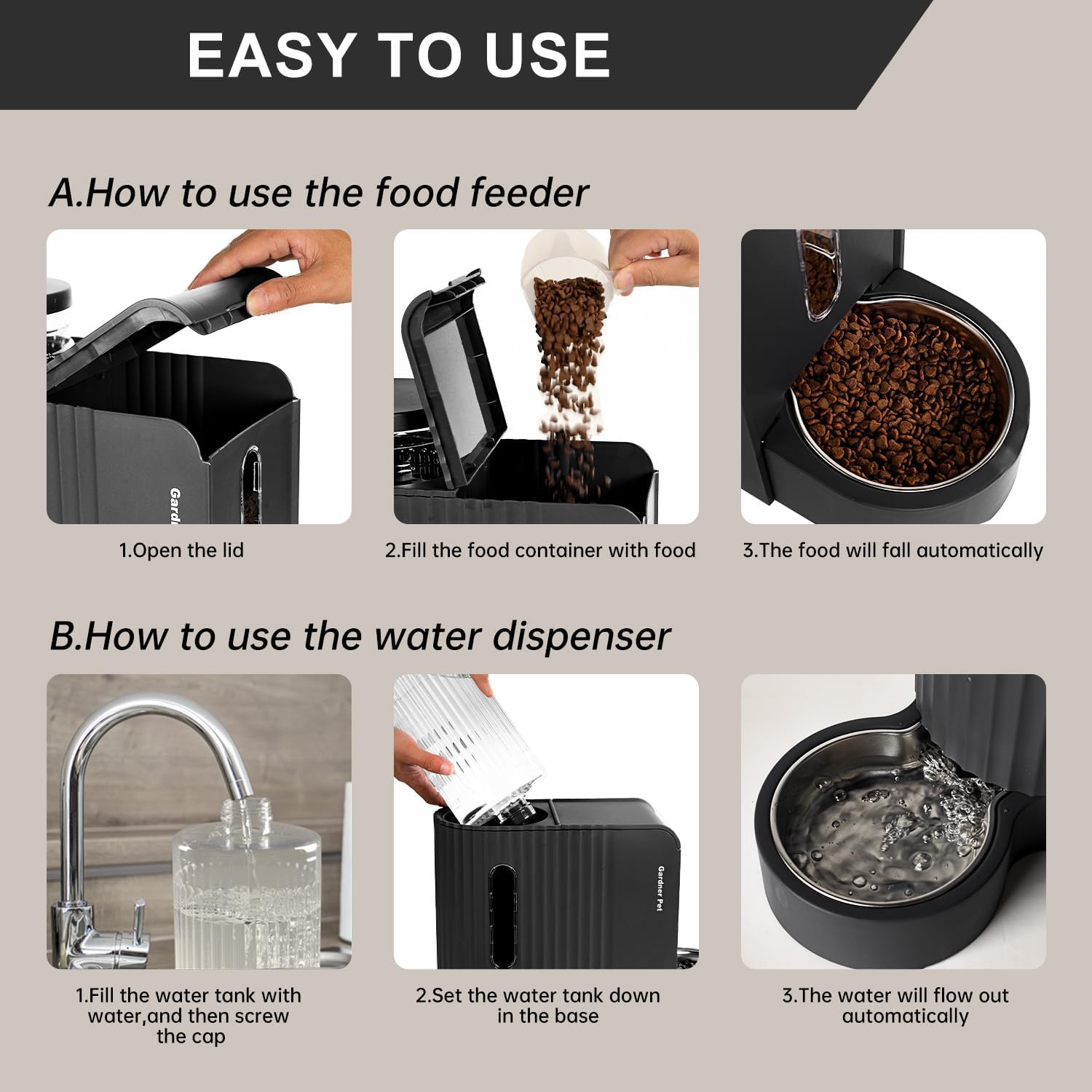 Thumbnail 5 de Gardner Pet 2 in 1 Gravity Automatic Cat Feeder & Water Dispenser (3L, 304 Stainless Steel Bowls) – No Electricity Required, Black