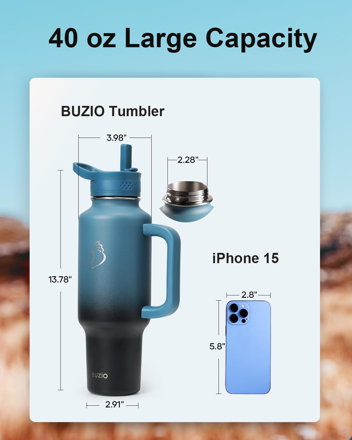 Detalle de BUZIO Isolierte Wasserflasche mit Becherhalterfreundlich, 40oz – Thermo-Becher mit Griff, spülmaschinenfest, hält 48 Std. kalt