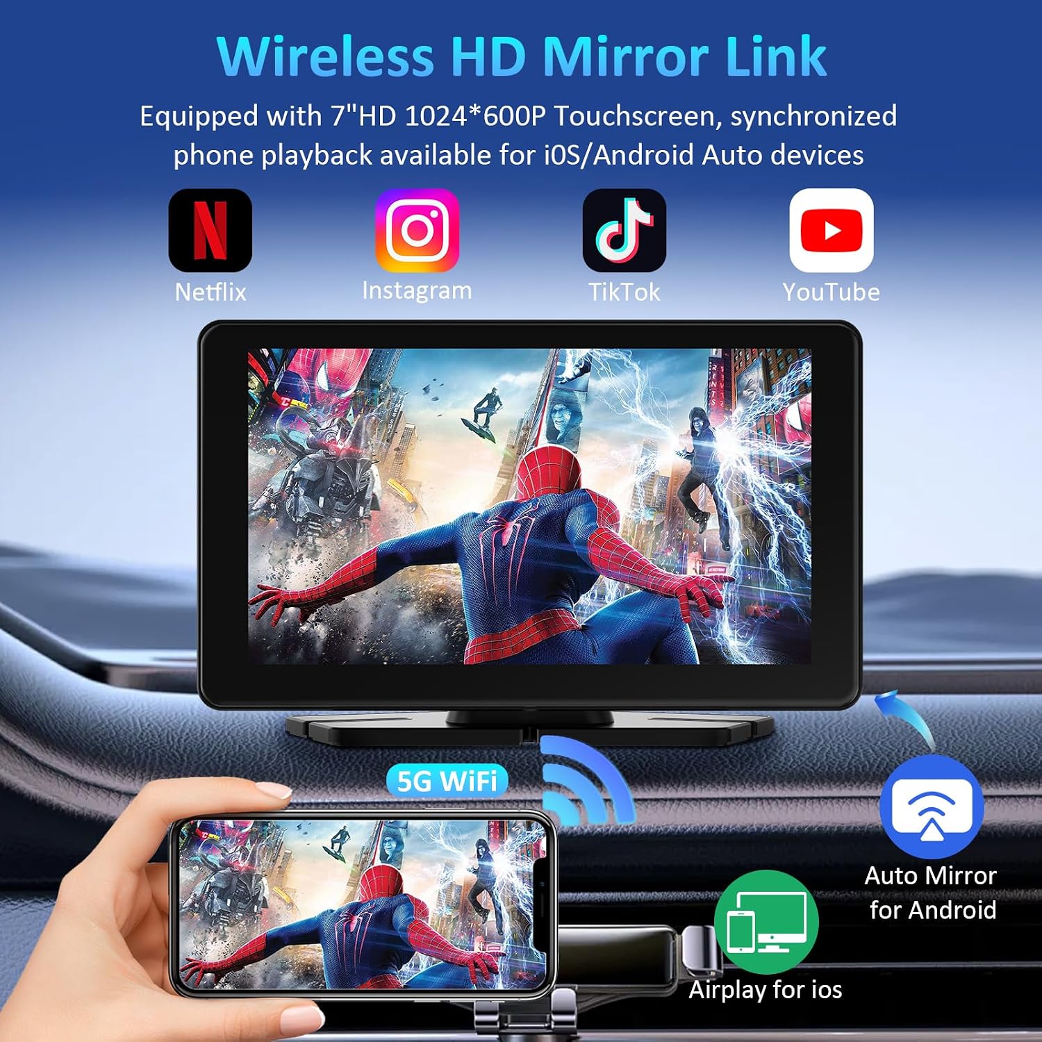Detalle de 7 Inch Wireless CarPlay & Android Auto Portable Car Stereo with Touchscreen