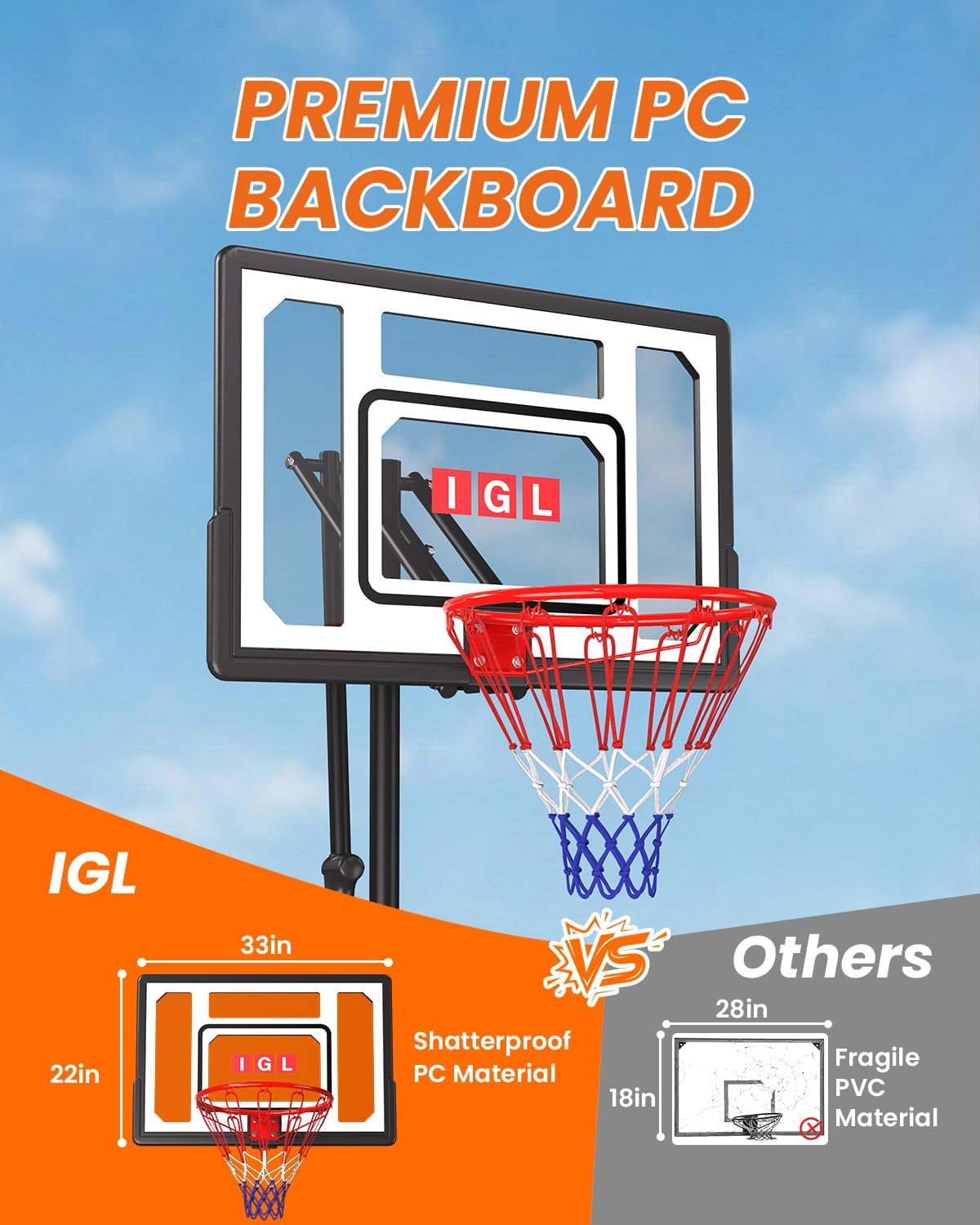 Thumbnail 6 de IGL Kids Basketball Hoop Outdoor: Adjustable 4–8.5 ft, 33" Backboard, Portable with Wheels