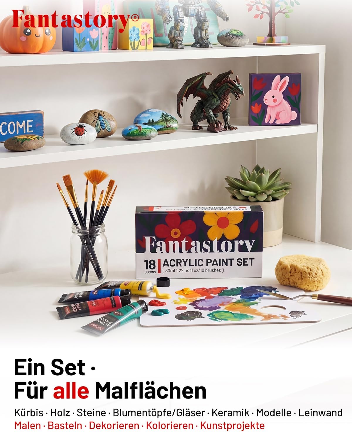 Thumbnail 5 de Fantastory Acrylfarben Set – 18 × 36 ml Tuben mit 10 Pinseln, hochpigmentiert