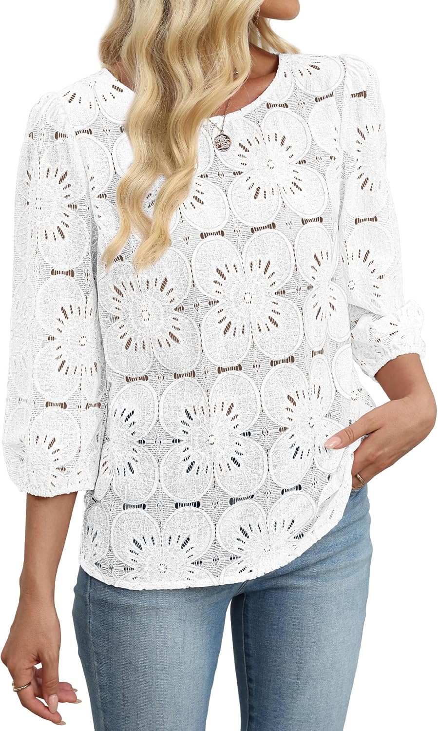 Thumbnail 3 de Sampeel women’s lace eyelet 3/4-sleeve blouses (dressy casual tops)