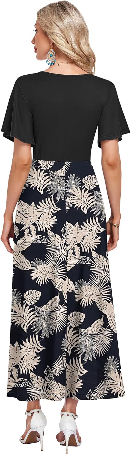 Detalle de AUSELILY Maxikleid Damen – Sommerliches, lockeres Maxi-Kleid mit V-Ausschnitt und Taschen