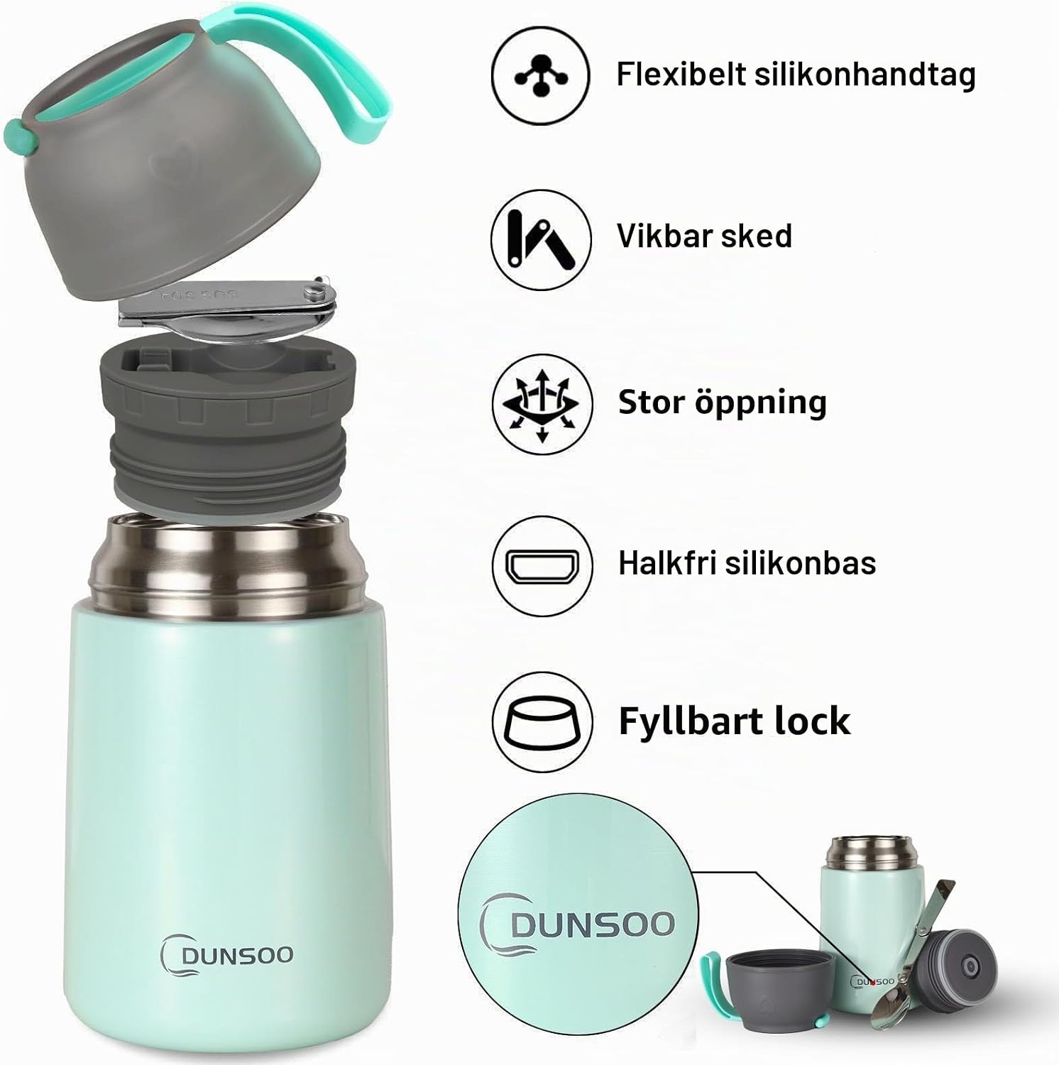 Detalle 2 de DUNSOO termisk matbehållare 650 ml i rostfritt stål med vikbar sked