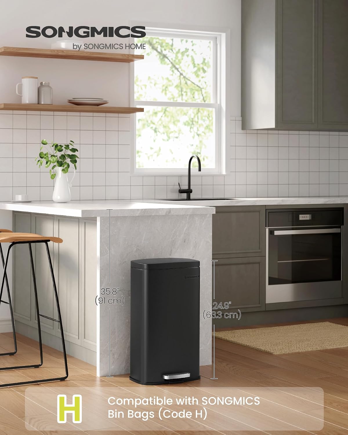 Thumbnail 1 de SONGMICS LTB03BK 30 L Kitchen Bin with Soft-Close Lid and Steel Finish