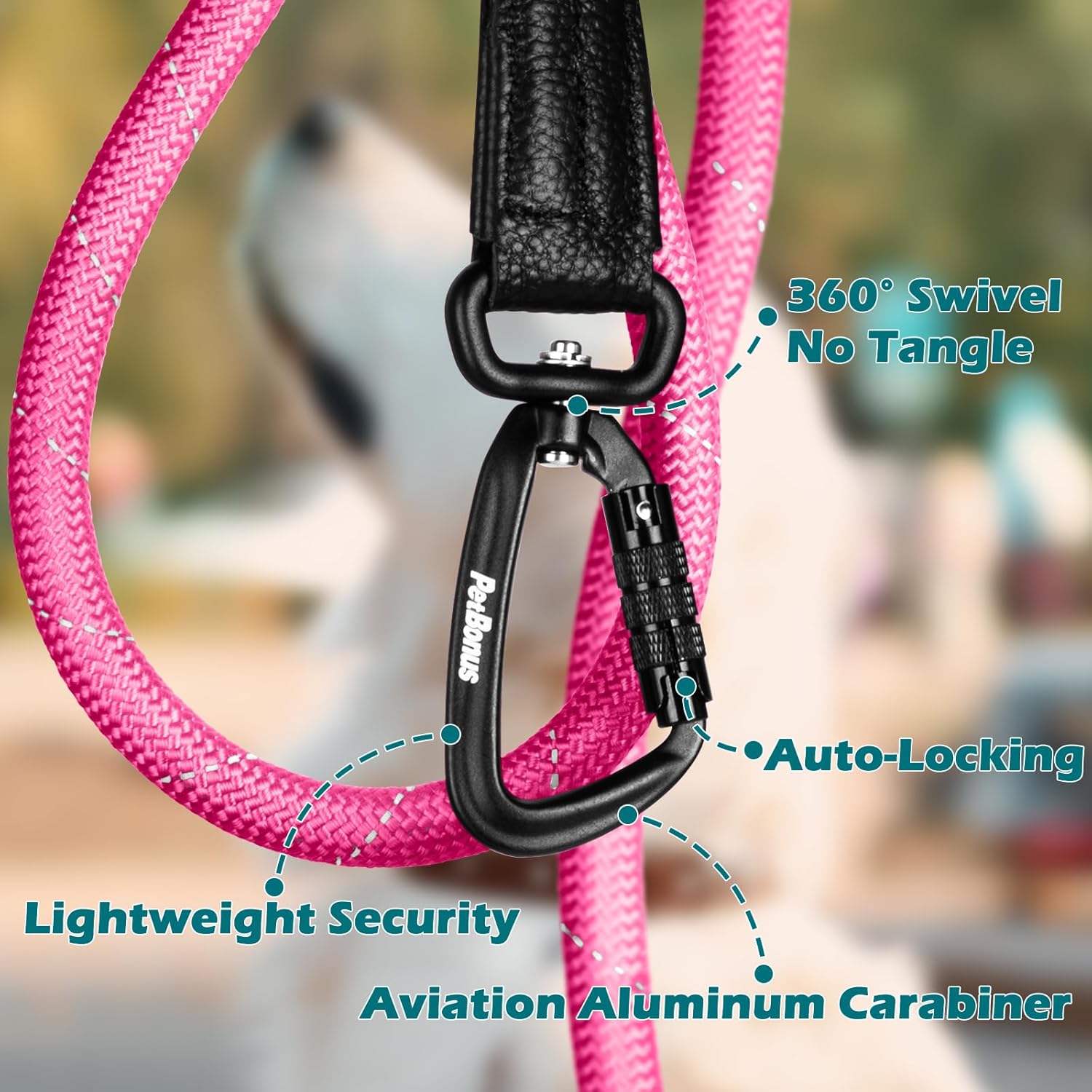 Thumbnail 1 de PetBonus Rope Dog Lead (1.5 m) Heavy Duty Nylon with Autolocking Carabiner, Reflective Rope Lead – Pink