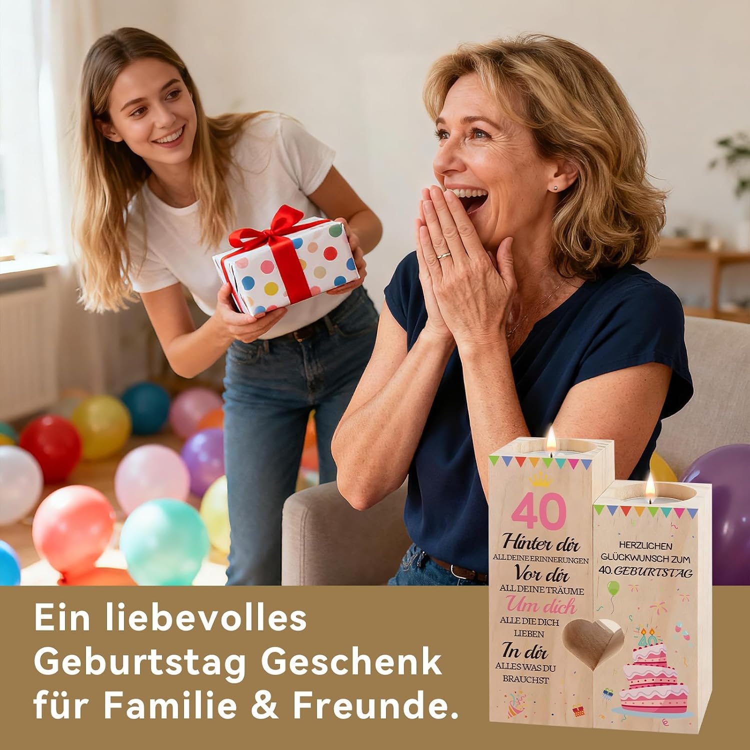 Detalle 2 de Belillpipi 40. Geburtstag Kerzenhalter-Set aus Holz – Herz-Design, zwei Halter mit Teelichtern