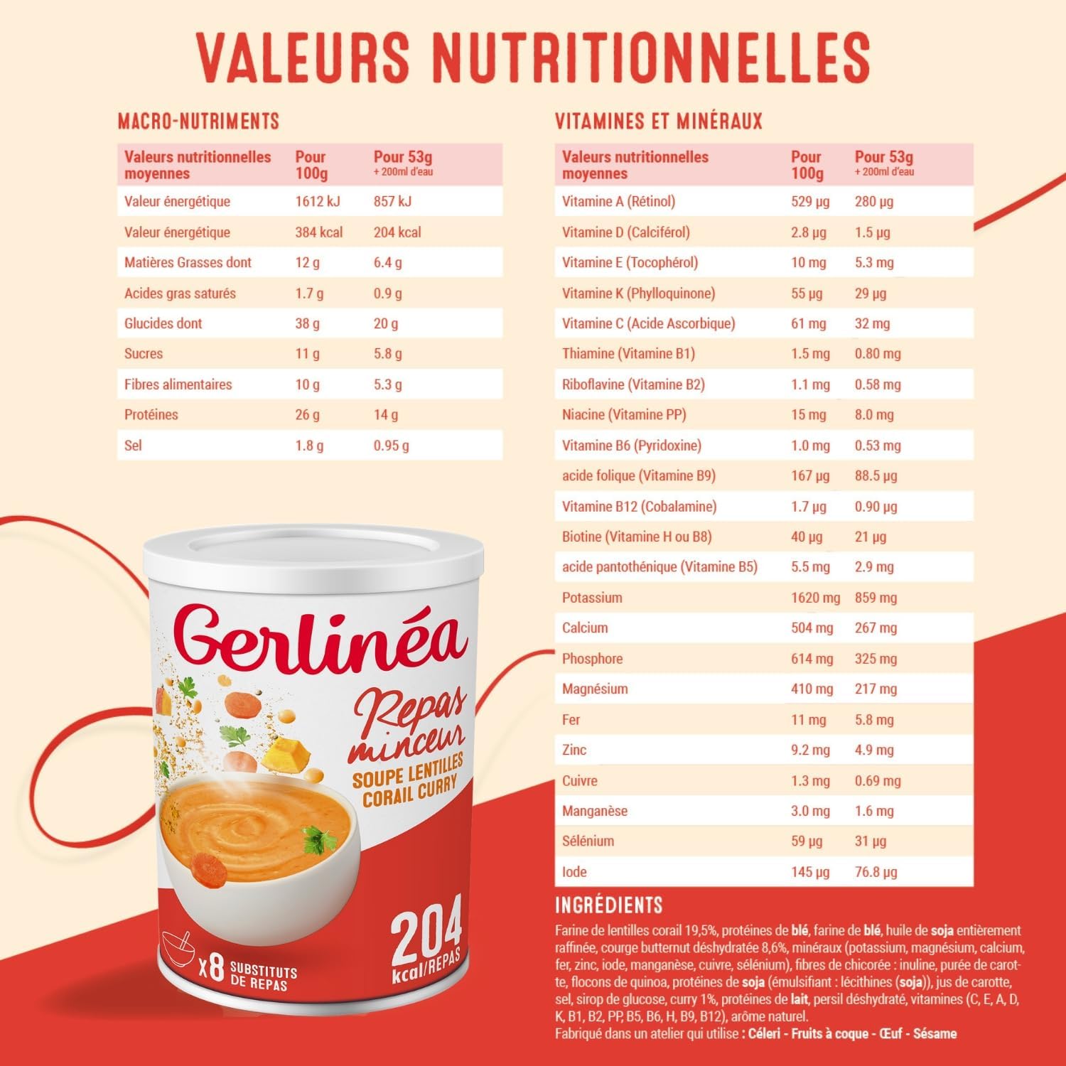 Detalle de GERLINÉA Soupe Lentilles Corail Curry – Substitut de Repas Minceur, 8 Repas, 424 g
