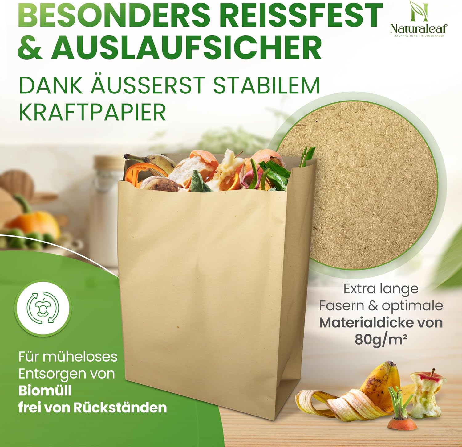 Detalle 2 de NATURALEAF Biomüllbeutel 20L – 50 Stück: Kompostierbare, plastikfreie Bio Müllbeutel für Gastronomie & Haushalt