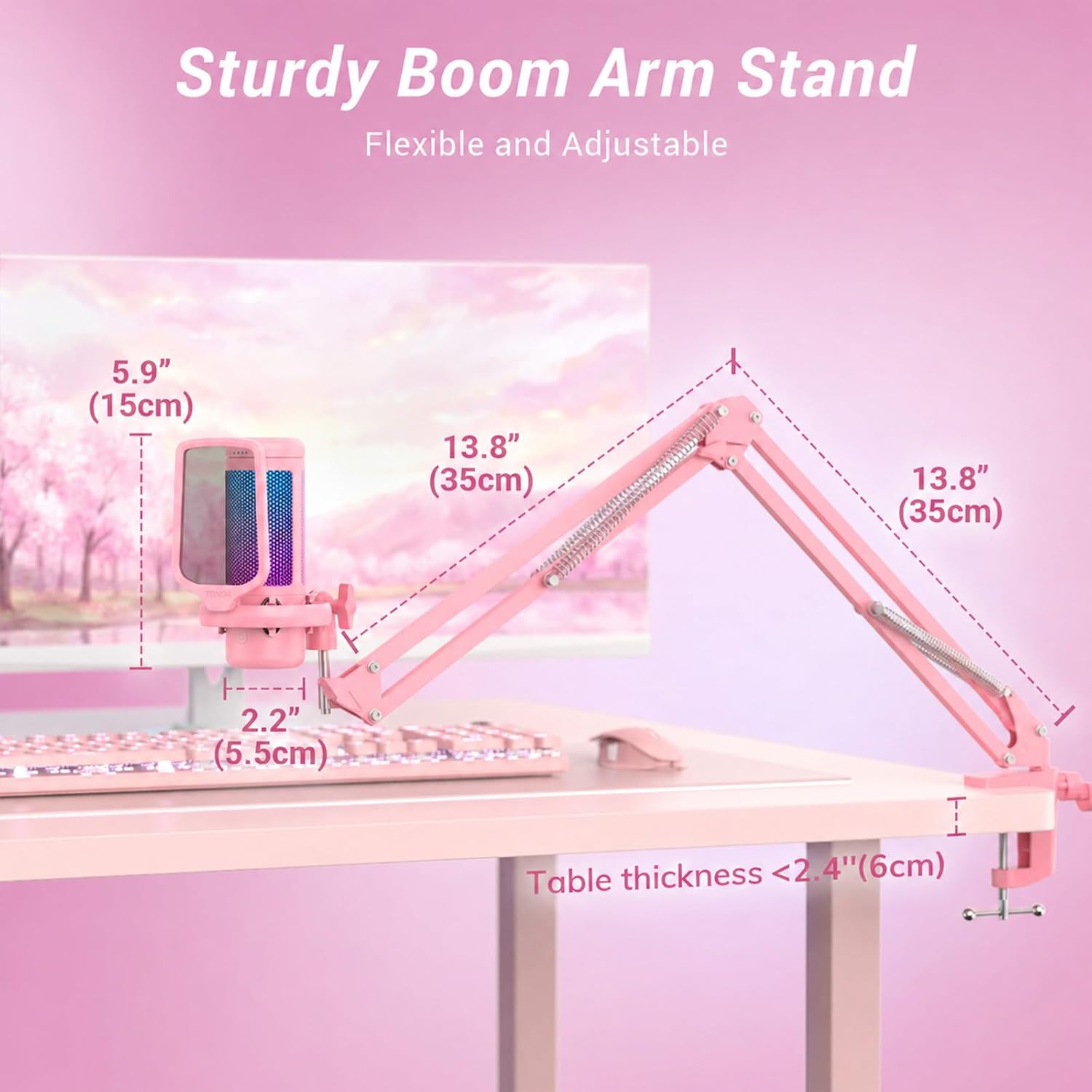Detalle 2 de TONOR TC310+ Pink Gaming Condenser Microphone with RGB and Boom Arm