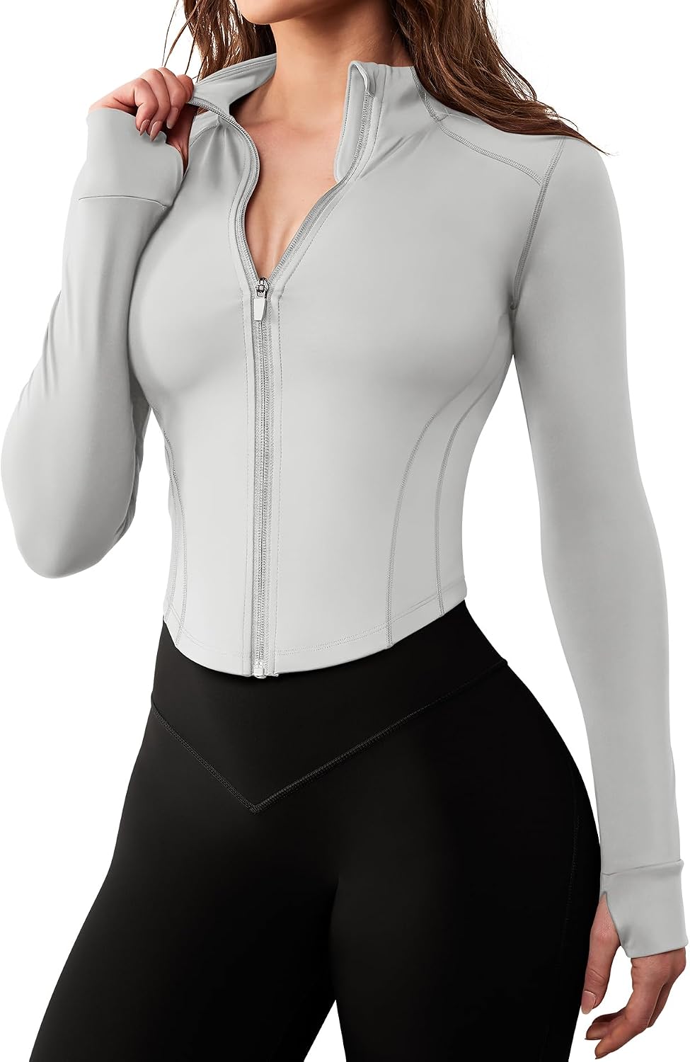 Detalle de AVGO Cropped Workout Jacket for Women, Full Zip, Thumb Holes and Curved Hem