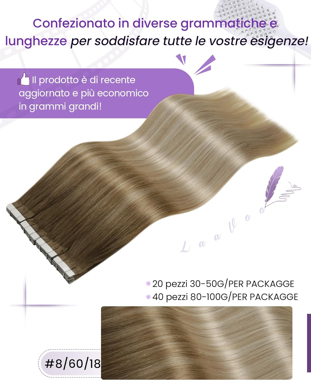 Detalle de LaaVoo Tape Extensions Echthaar Balayage Blondine Ombre Platinblond – 55 cm, 20 Stück
