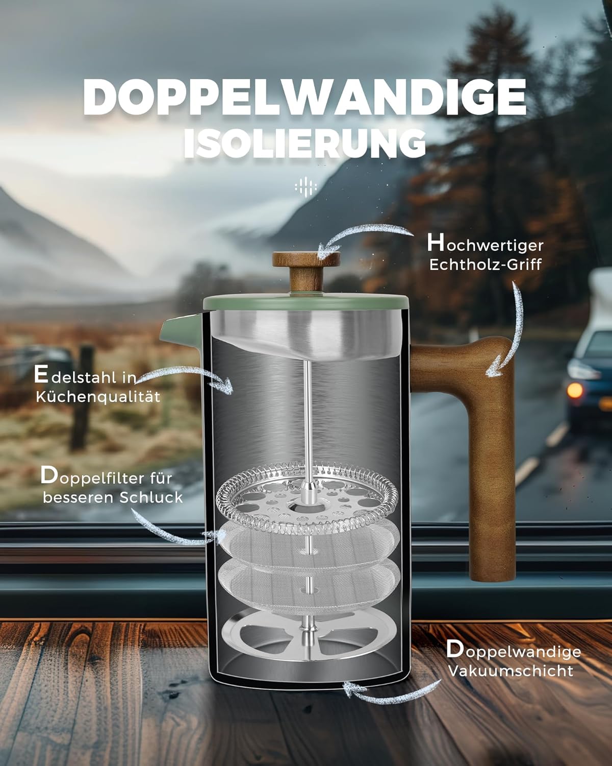 Thumbnail 4 de Poliviar French Press Kaffeebereiter Flatland (Grün) JX2020-FPN-DE – 1 Liter für bis zu 8 Tassen