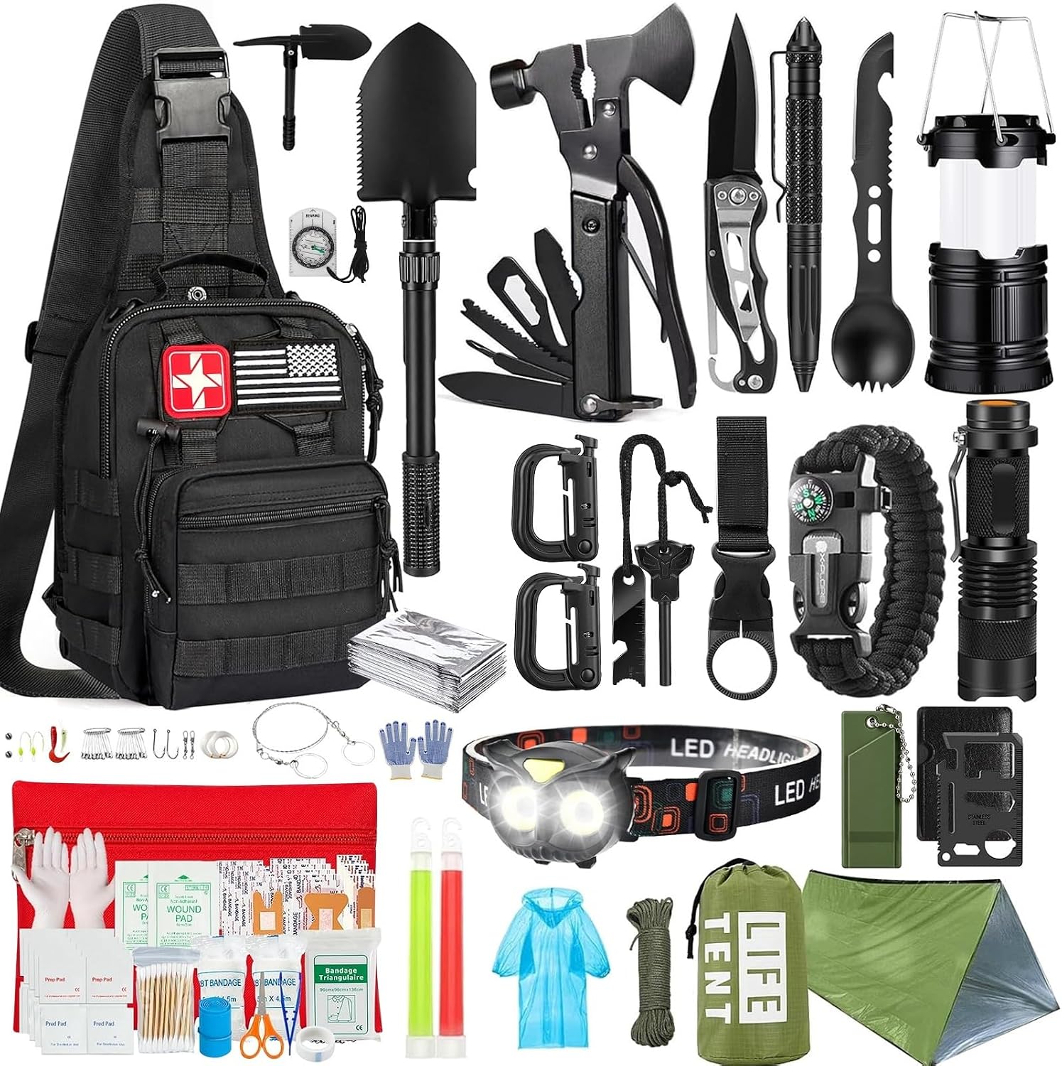 Detalle de ANJiME 294-Piece Survival Kit with First Aid Supplies, MOLLE Bag and Outdoor Tools