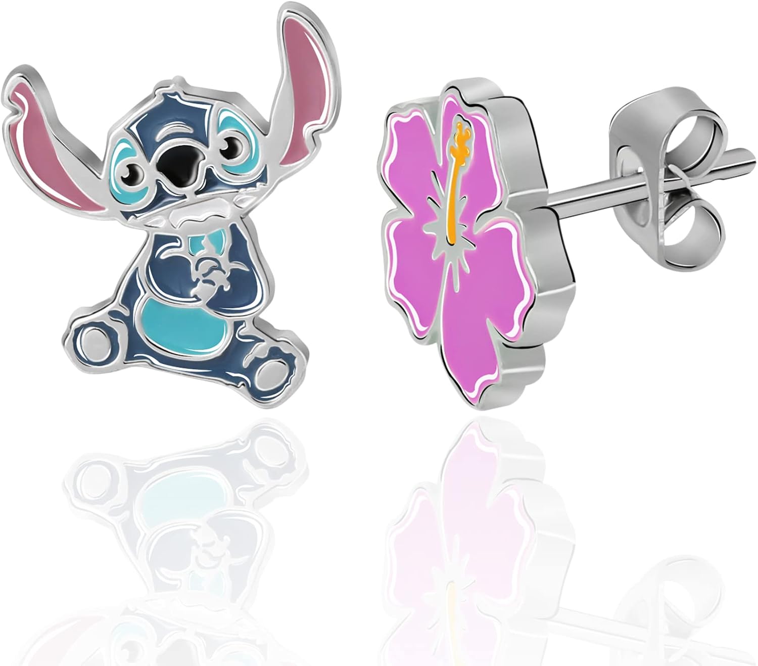 Detalle de Boucles d'oreilles Lilo & Stitch en argent sterling avec émail – motif fleur et Stitch