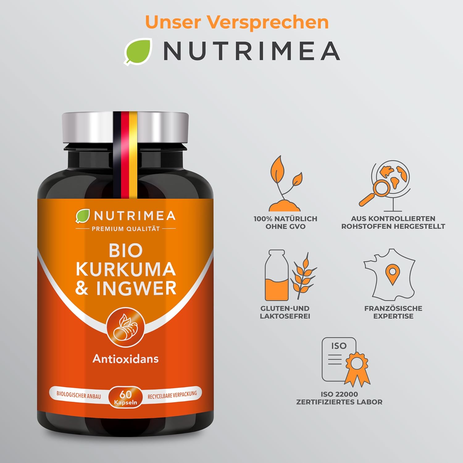 Thumbnail 6 de Kurkuma Bio Komplex von Nutrimea – 153 mg Curcuminoide (95%), hochdosiert, vegan mit Ingwer, 60 Kapseln