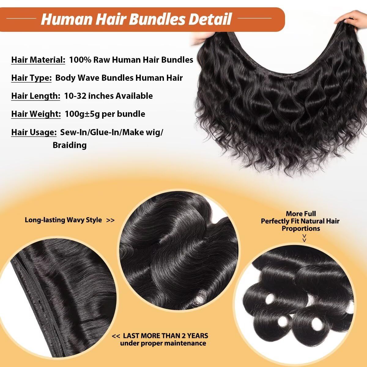 Thumbnail 2 de 12A Human Hair Bundles (22/24/26/28 Inch) Body Wave Brazilian Virgin Quick Weave – Natural Black