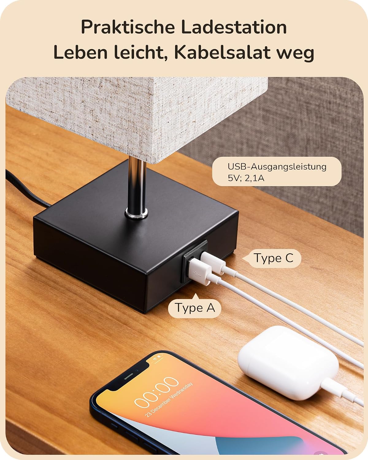 Detalle de EDISHINE LED Nachttischlampe Touch dimmbar im 2er-Set mit USB (Type-A & Type-C) – beige