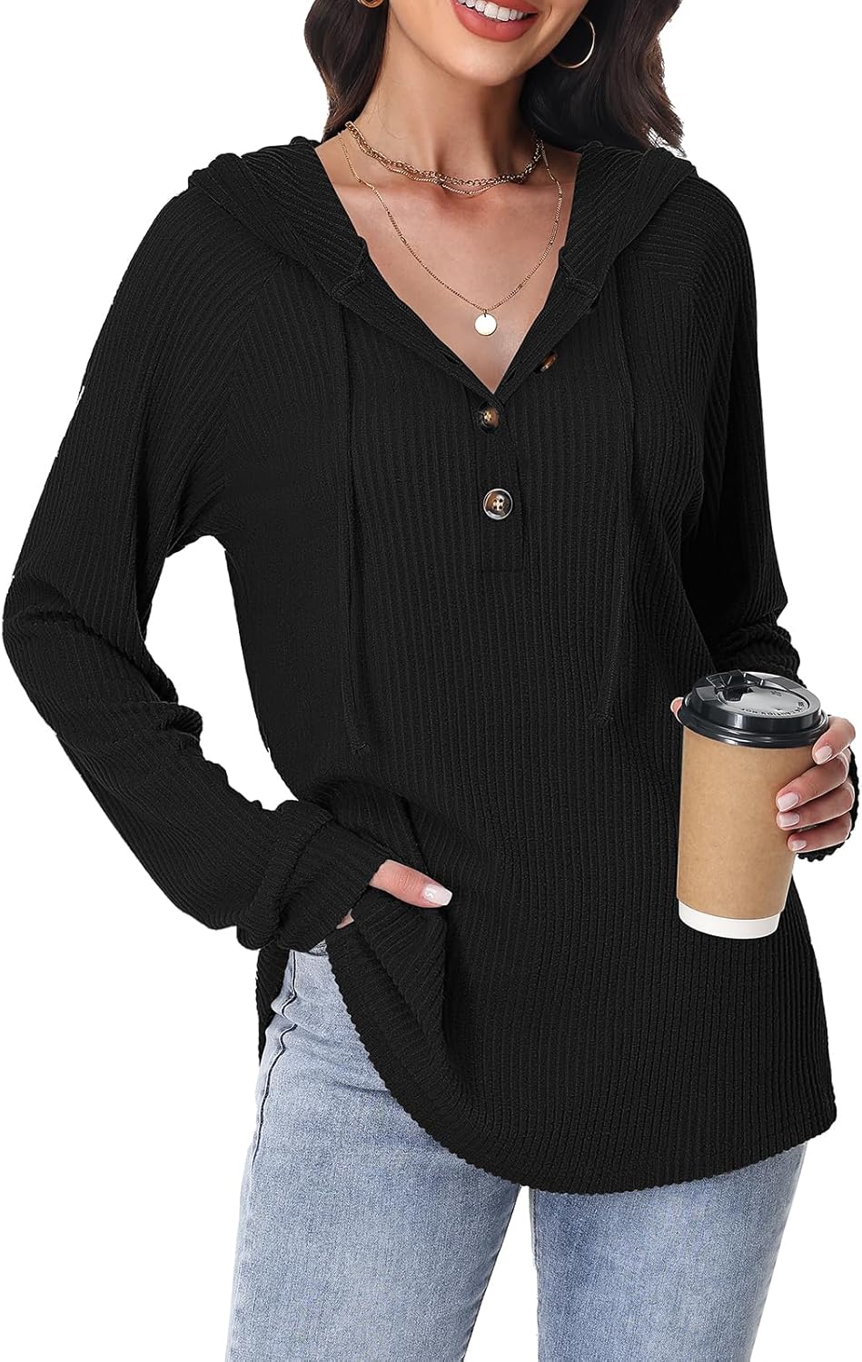 Thumbnail 1 de Tanmolo Damen Hoodie-Pullover mit Kapuze, V-Ausschnitt und Knopfleiste – leichter Strick für Alltag & Übergangszeit