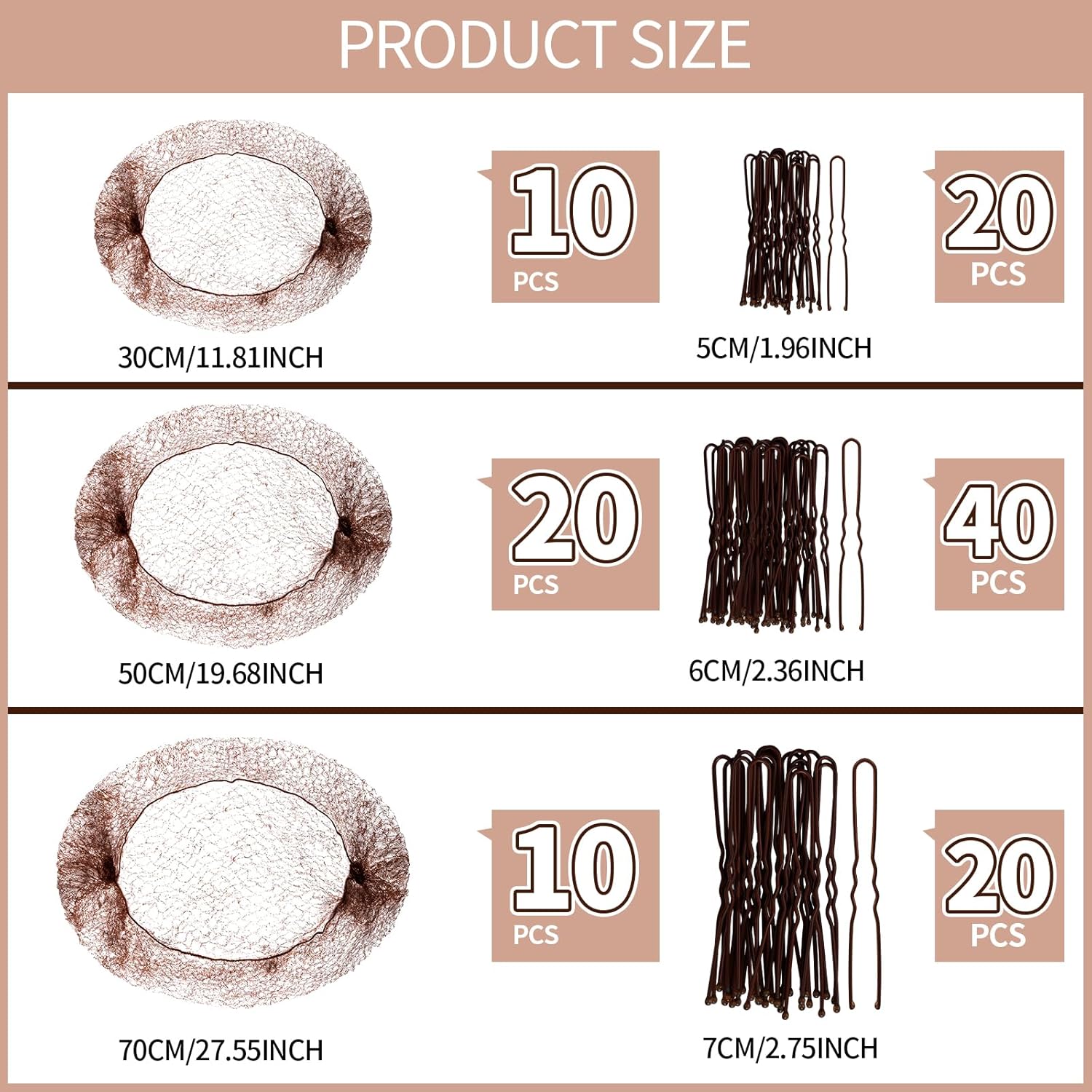 Thumbnail 1 de Teenitor Hair Accessories Hair Net Set for Ballet Bun | 40 Brown Hair Nets + 80 Bobby Pins, 3 Sizes