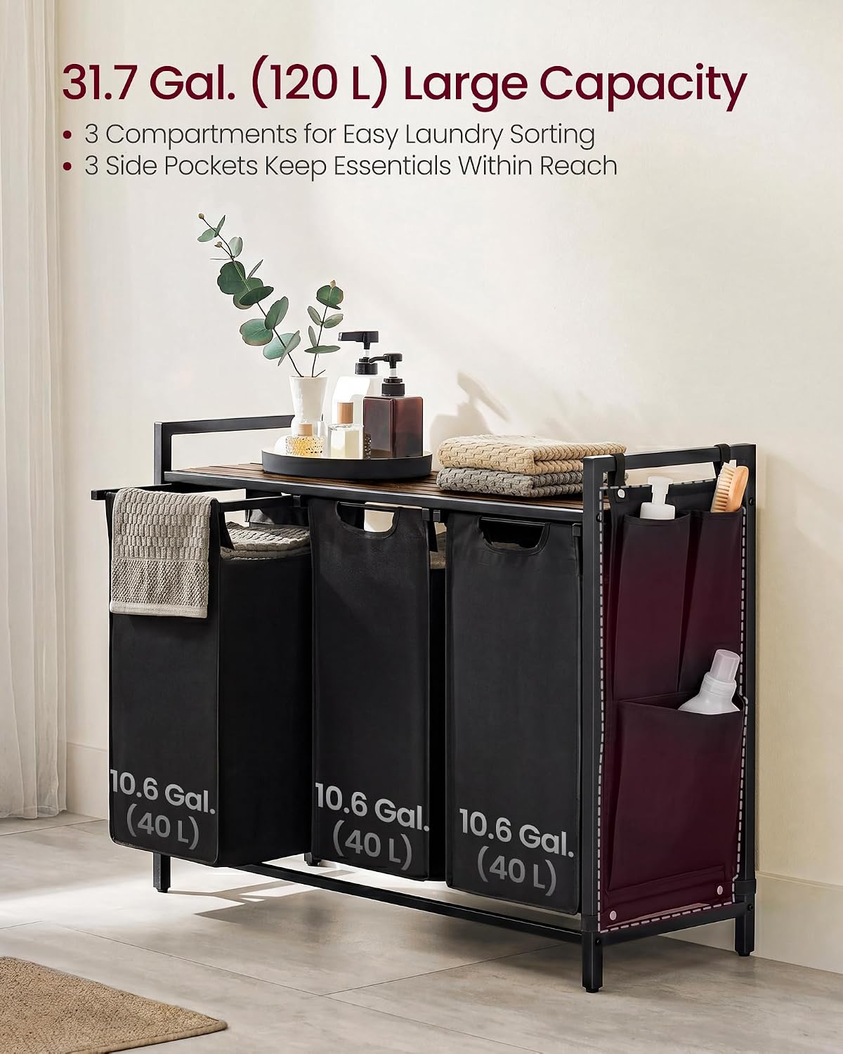 Detalle de VASAGLE Laundry Hamper, 3 Pull-Out Bags