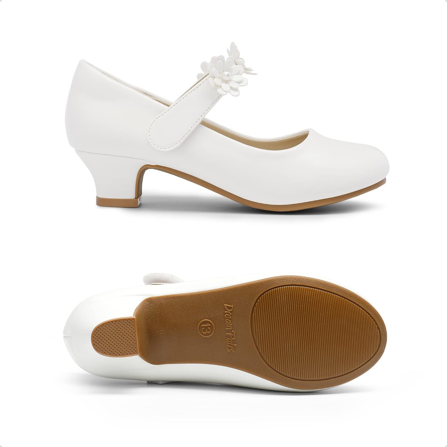 Detalle de DREAM PAIRS Mary Jane con cinturino floreale per ragazze, ballerine con tacco basso e punta rotonda