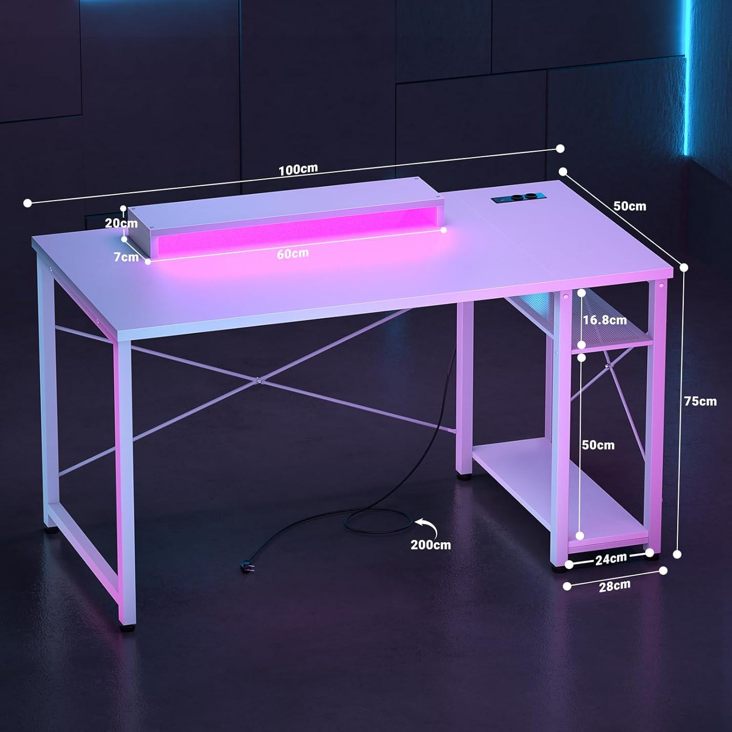 Detalle de iSunirm Bureau Gaming Blanc 100×50cm – Bureau gaming compact avec LED RGB, 2 prises et 2 USB intégrés