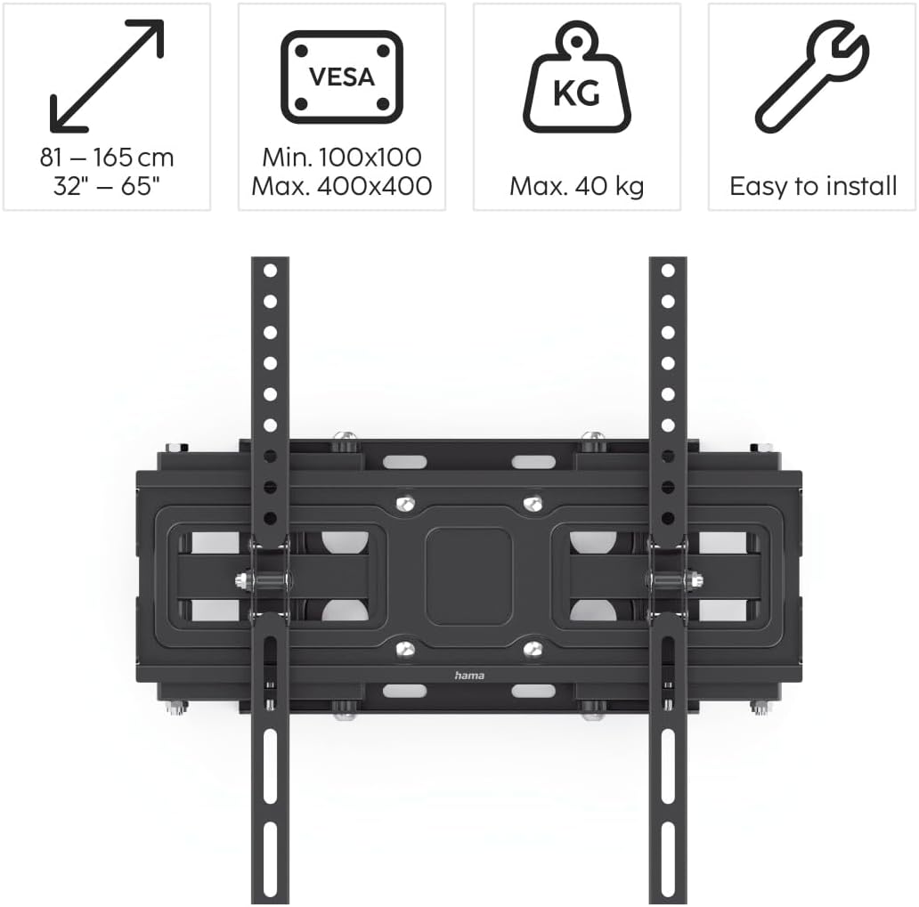 Detalle 2 de Hama schwenkbare, neigbare & ausziehbare TV-Wandhalterung für 32–65 Zoll (VESA 100x100 bis 400x400, bis 40 kg) schwarz
