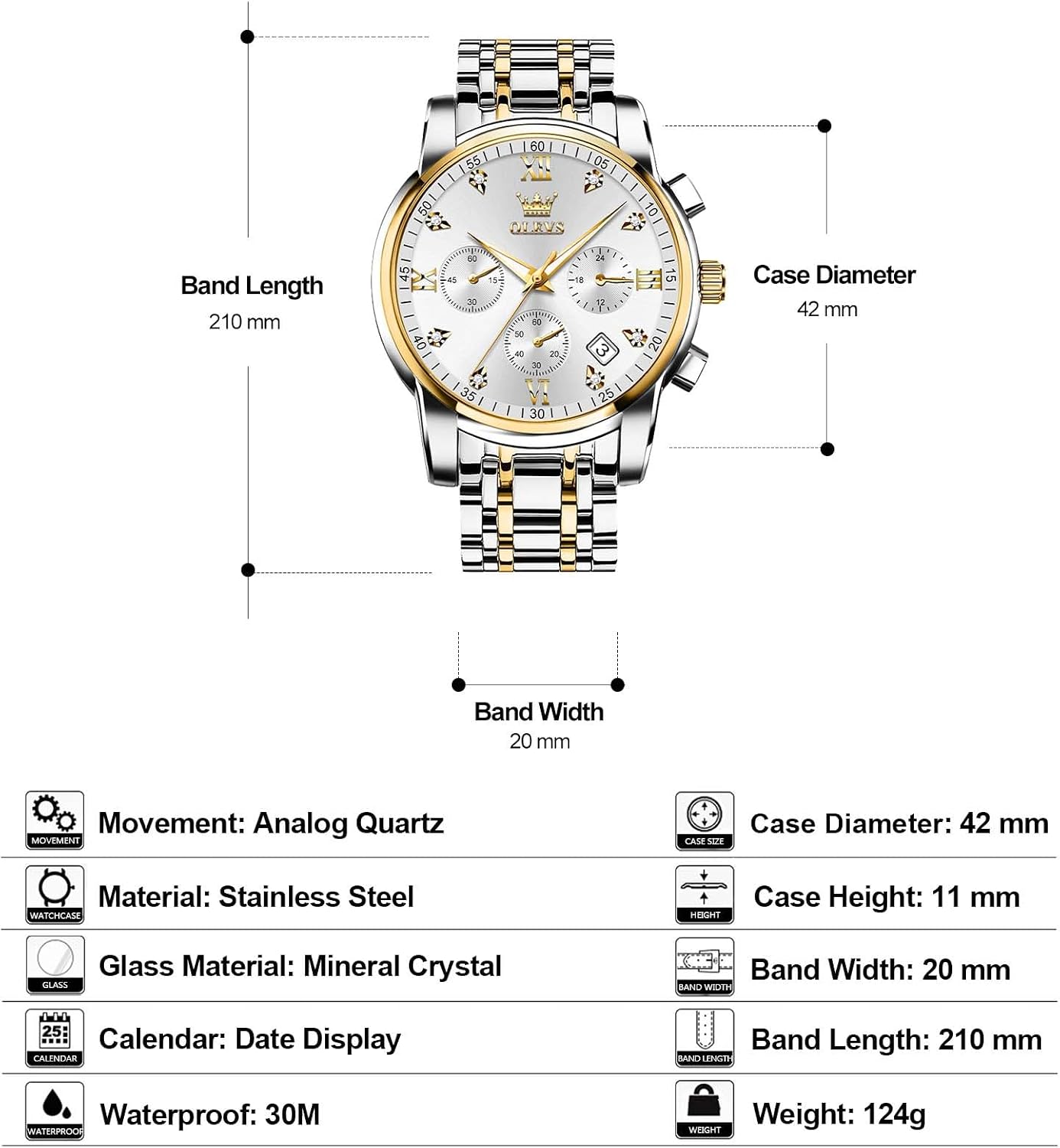Detalle de OLEVS Men's Chronograph Watch: Gold & Silver Stainless Steel with Diamond Accents