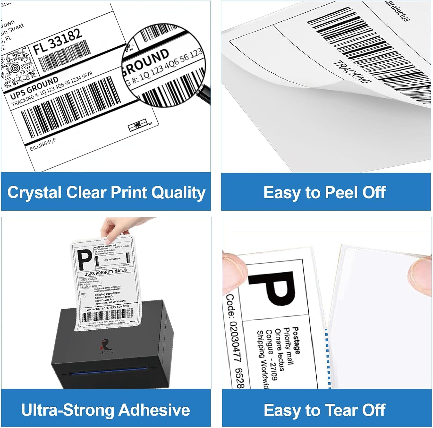 Detalle de HUOJI 4x6 Thermal Labels, 100-Count Shipping Stack, Strong Adhesive, BPA-Free