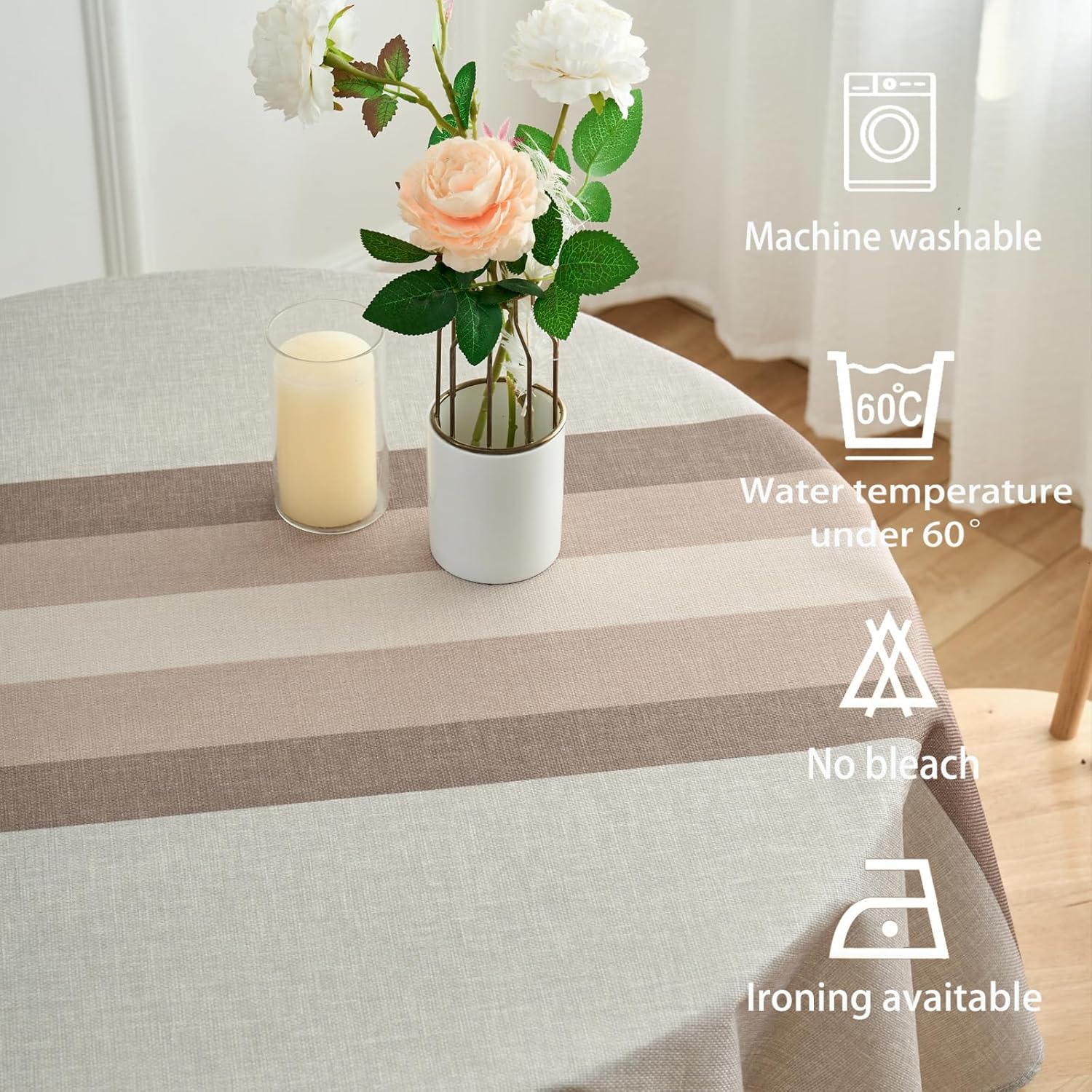 Detalle de Arwllzz Beige Round Table Cloth 140x140cm – Washable, Dust-Proof, Faux Linen with Stripe Runner