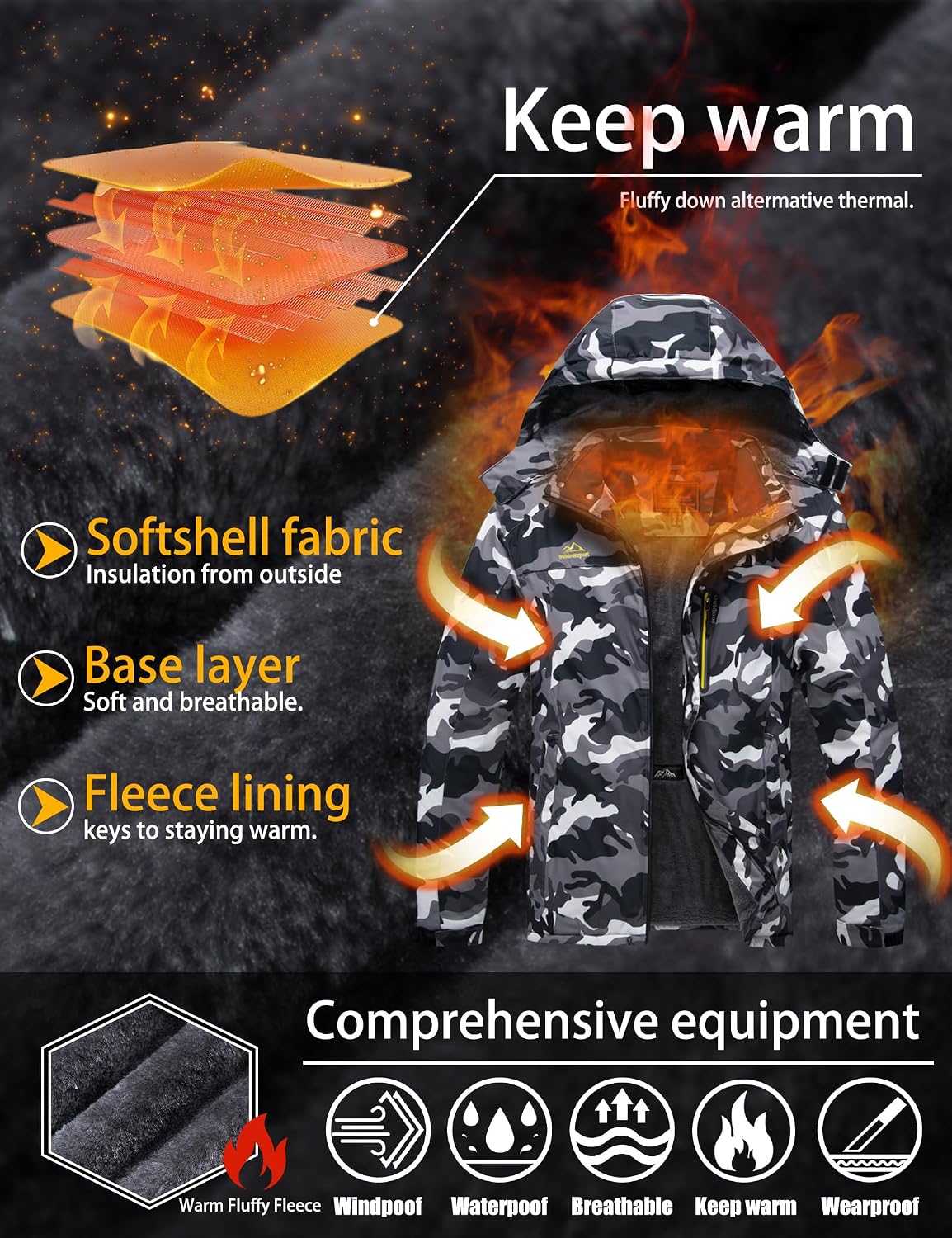 Detalle 1 de TACVASEN Men's Winter Ski Jacket, Fleece Liner, Waterproof and Windproof