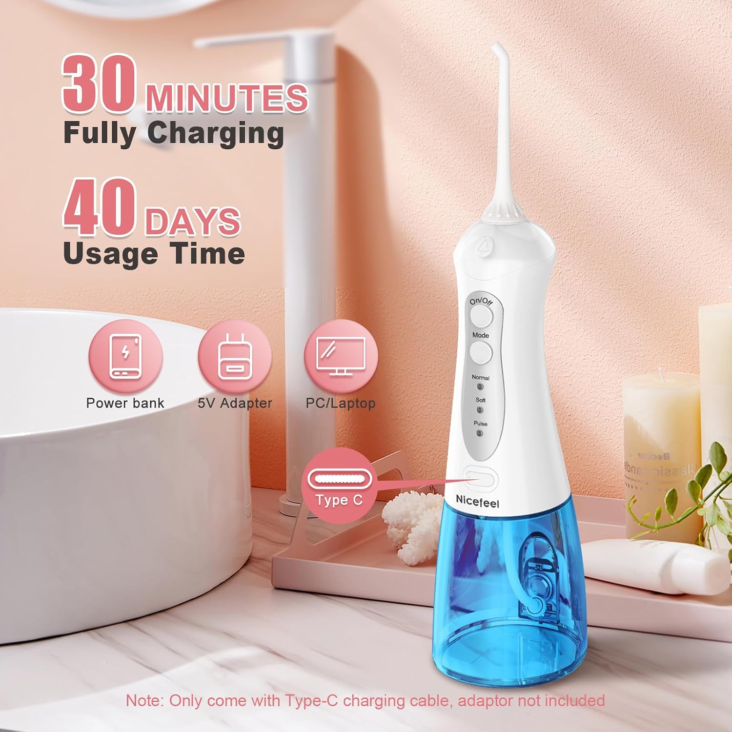 Detalle 2 de Nicefeel Cordless Water Flosser (300ml) with 4 Jet Tips, 3 Modes, USB Rechargeable, IPX7 Waterproof