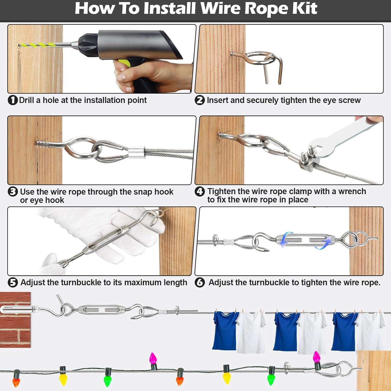 Thumbnail 2 de TooTaci 30M Garden Wire Trellis Kit (2mm PVC-Coated Steel Cable) with M4 Turnbuckles & M3 Vine Eyes