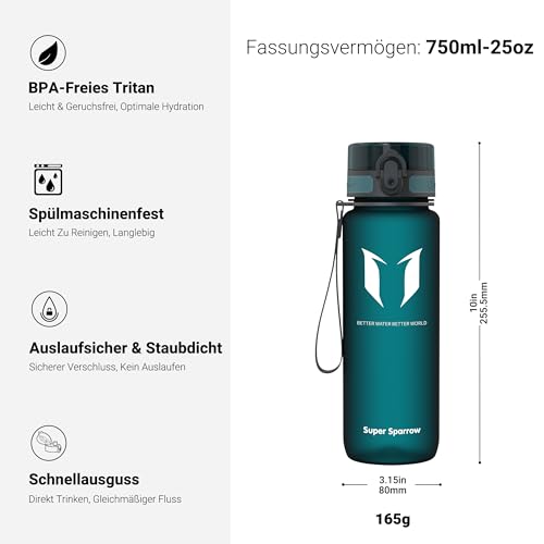 Detalle de Sparrow Trinkflasche Sport 750ml – BPA-frei, Tritan Copolyester, 1-Klick Deckel von Super Sparrow