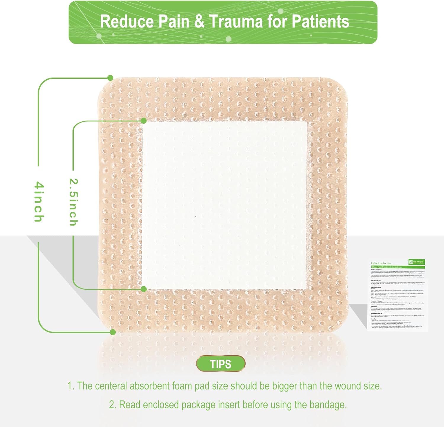 Detalle 2 de NEUHEILS NeuHeils Silicone Adhesive Foam Dressing 4''x4'' (10 Pack) for Bed Sores & Leg Ulcers