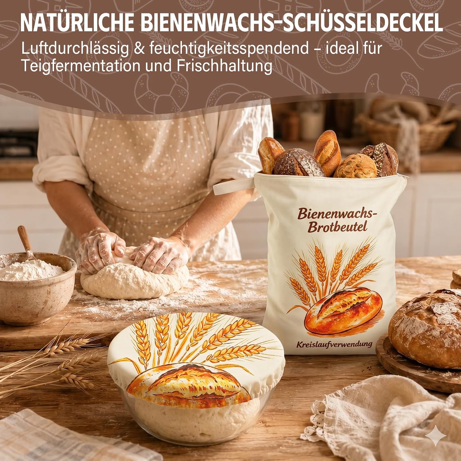 Detalle de 2er-Set Bienenwachs Brotbeutel aus Leinen – wiederverwendbar, 32x43 cm