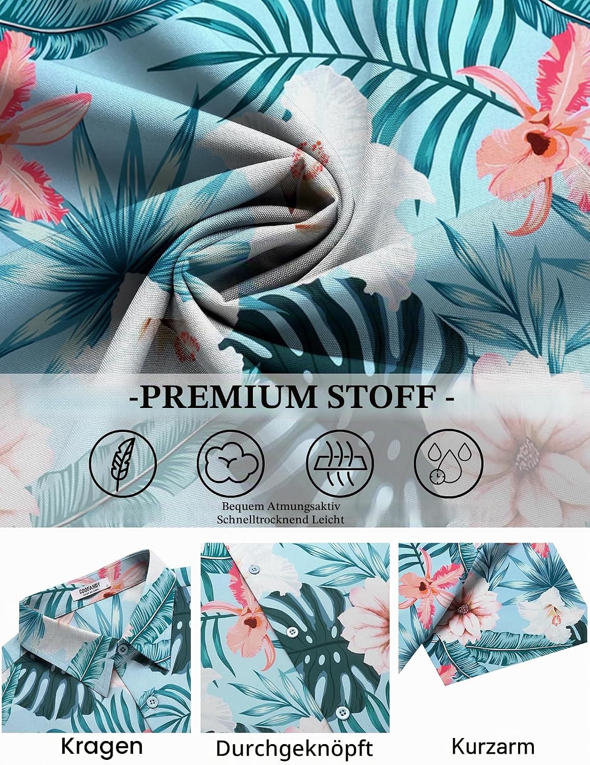 Detalle de COOFANDY Hawaii Hemd Männer – Sommerhemd Kurzarm mit Hawaii-Print und Strandlook