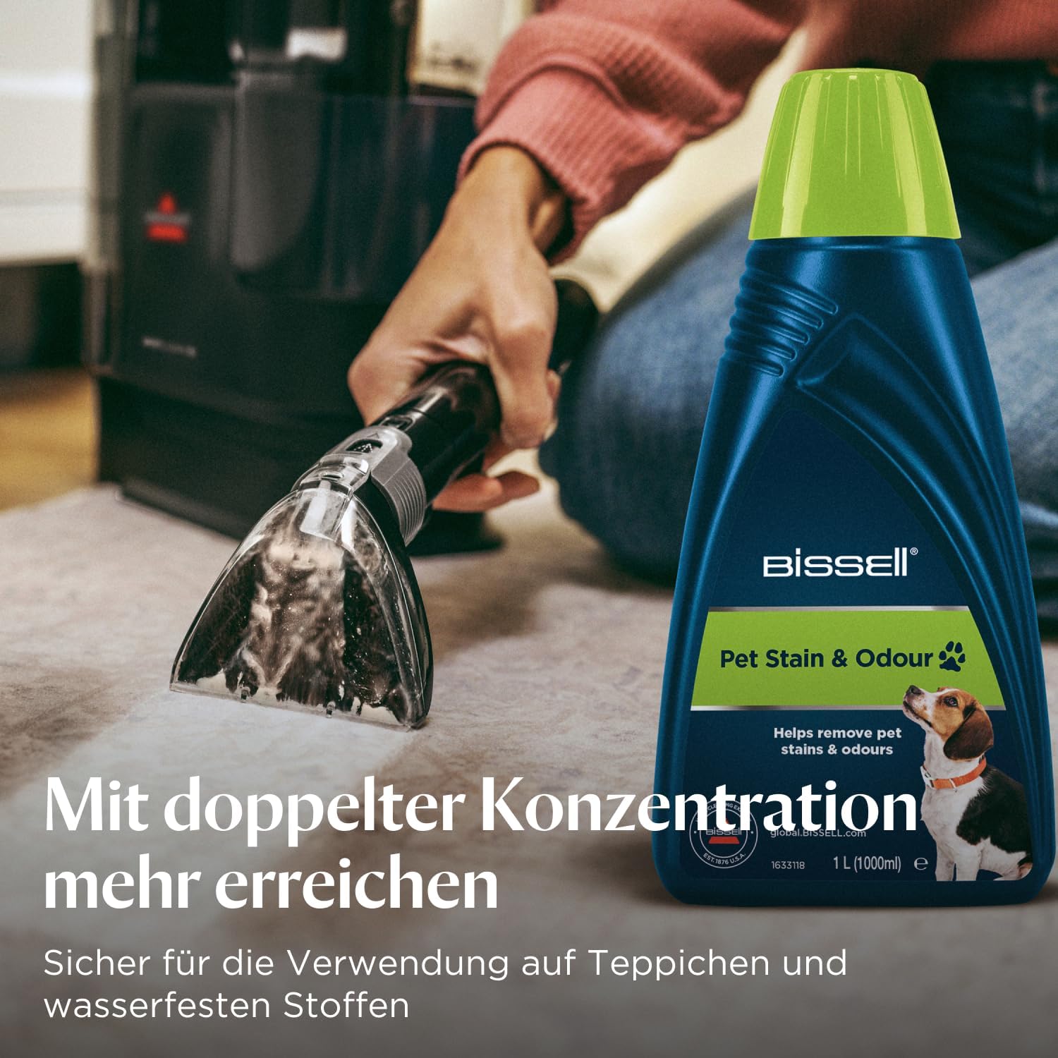 Detalle de Pet Stain & Odour, 1L – Reinigungslösung von BISSELL für Teppiche, Polster und Auto-Innenraum