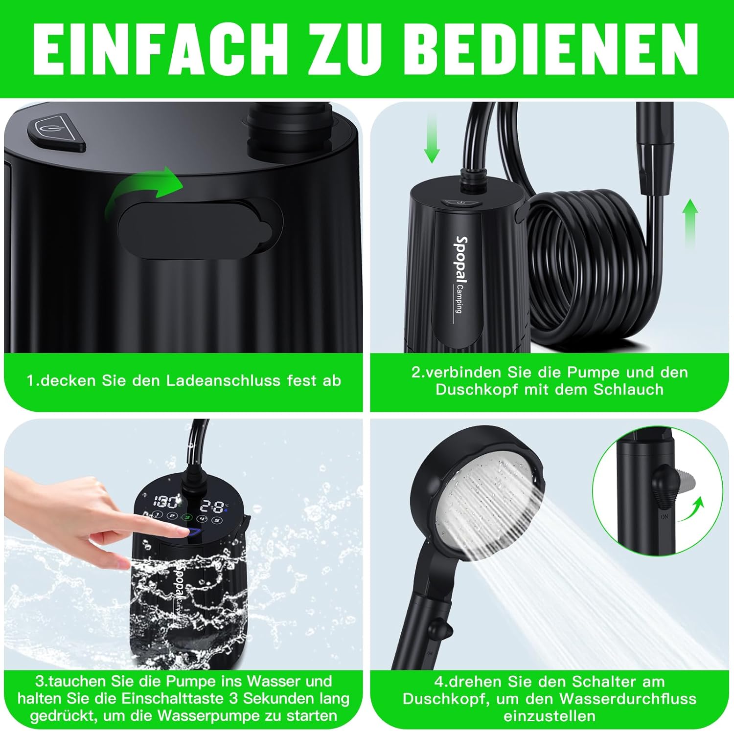 Thumbnail 4 de Spopal Campingdusche Aktualisierte Version – Tragbare Dusche mit 10000 mAh Akku, IPX8, 5-Stufen-Durchfluss