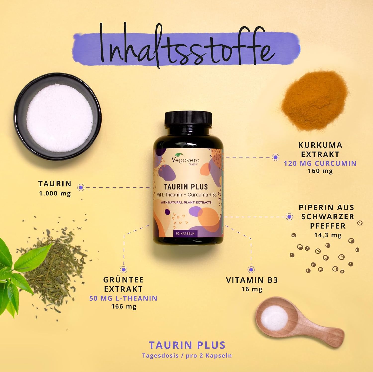 Detalle de Vegavero Taurina 1000 mg | Integratore sportivo Pre e Post-Workout con curcuma, tè verde e L-teanina