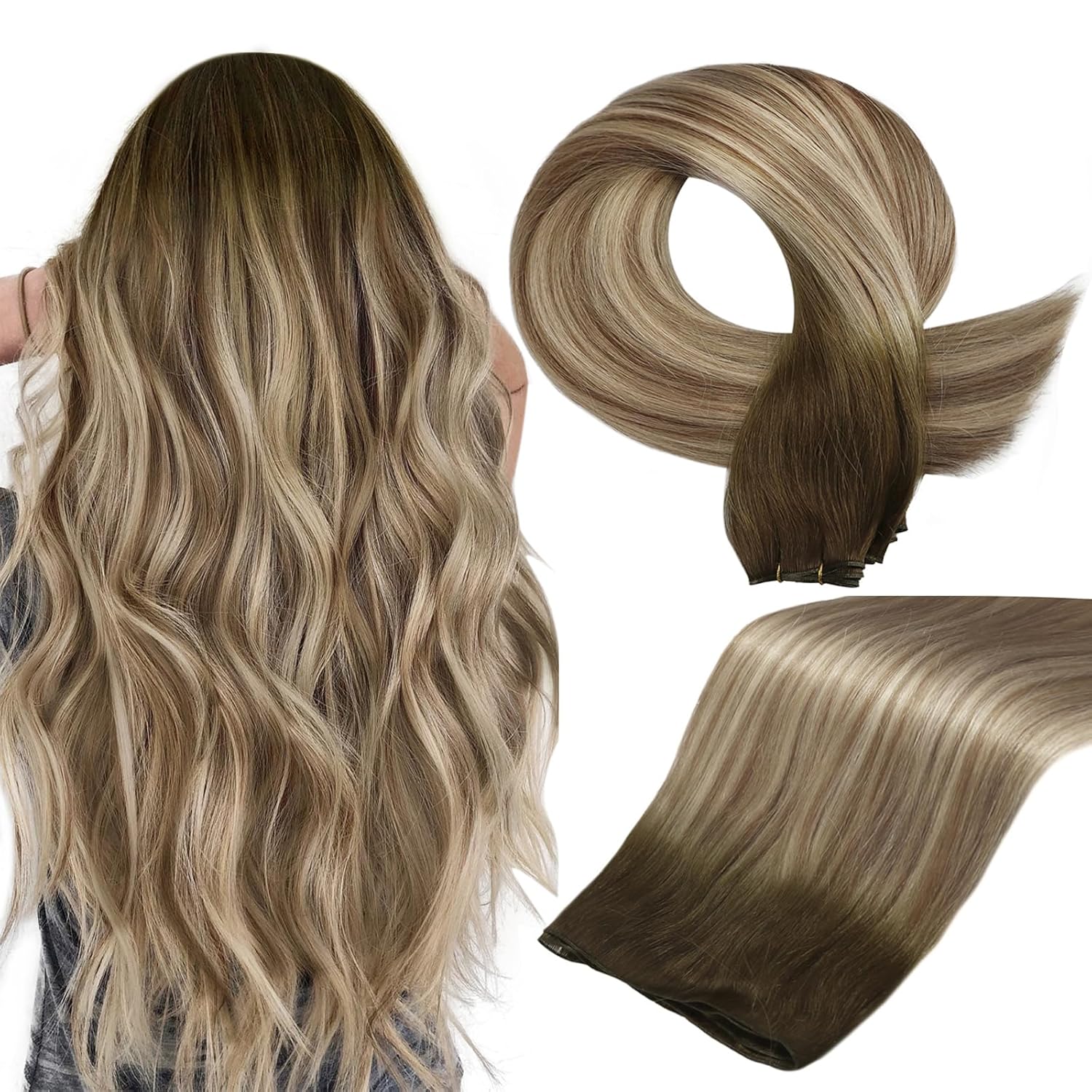 Detalle de Full Shine Weft Hair Extensions Human Hair Sew-In Hand-Tied (22 Inch, 60G) – Walnut Brown with Light Blonde Highlights