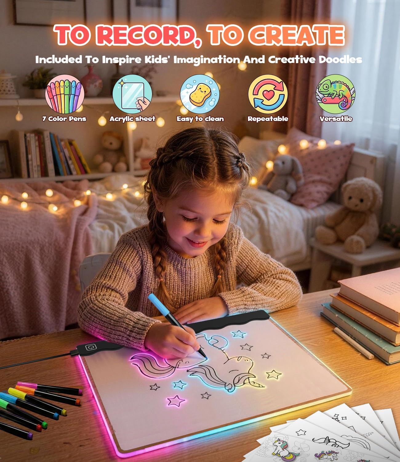 Thumbnail 5 de KiddyFunpals KD188 LED Drawing Board, 7-Color Light-Up Pad with Pens