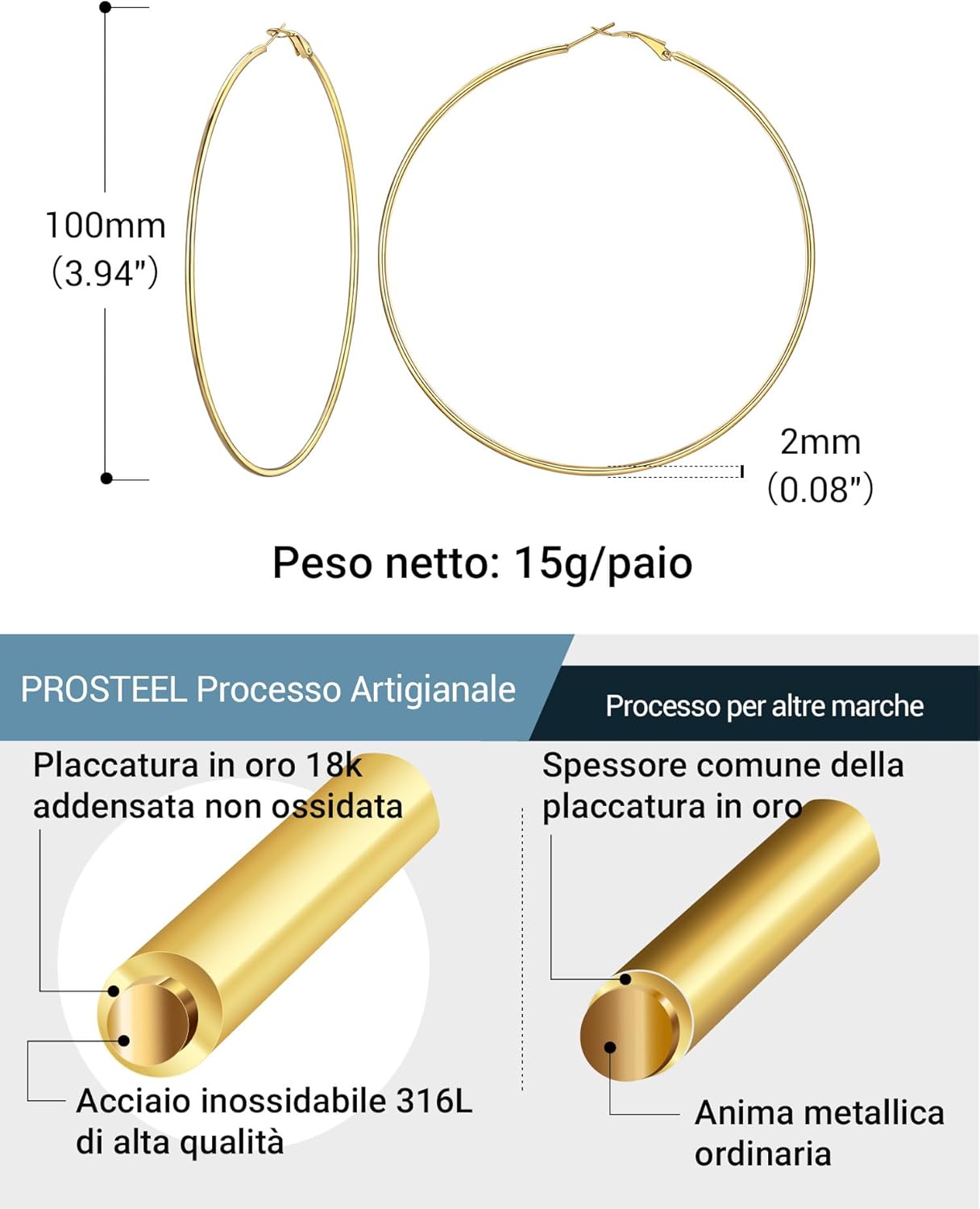 Thumbnail 2 de Prosteel Orecchini Cerchio Argento Donna – Oro placcato 14K, ipoallergenici, 20–100 mm, stile vintage Y2K