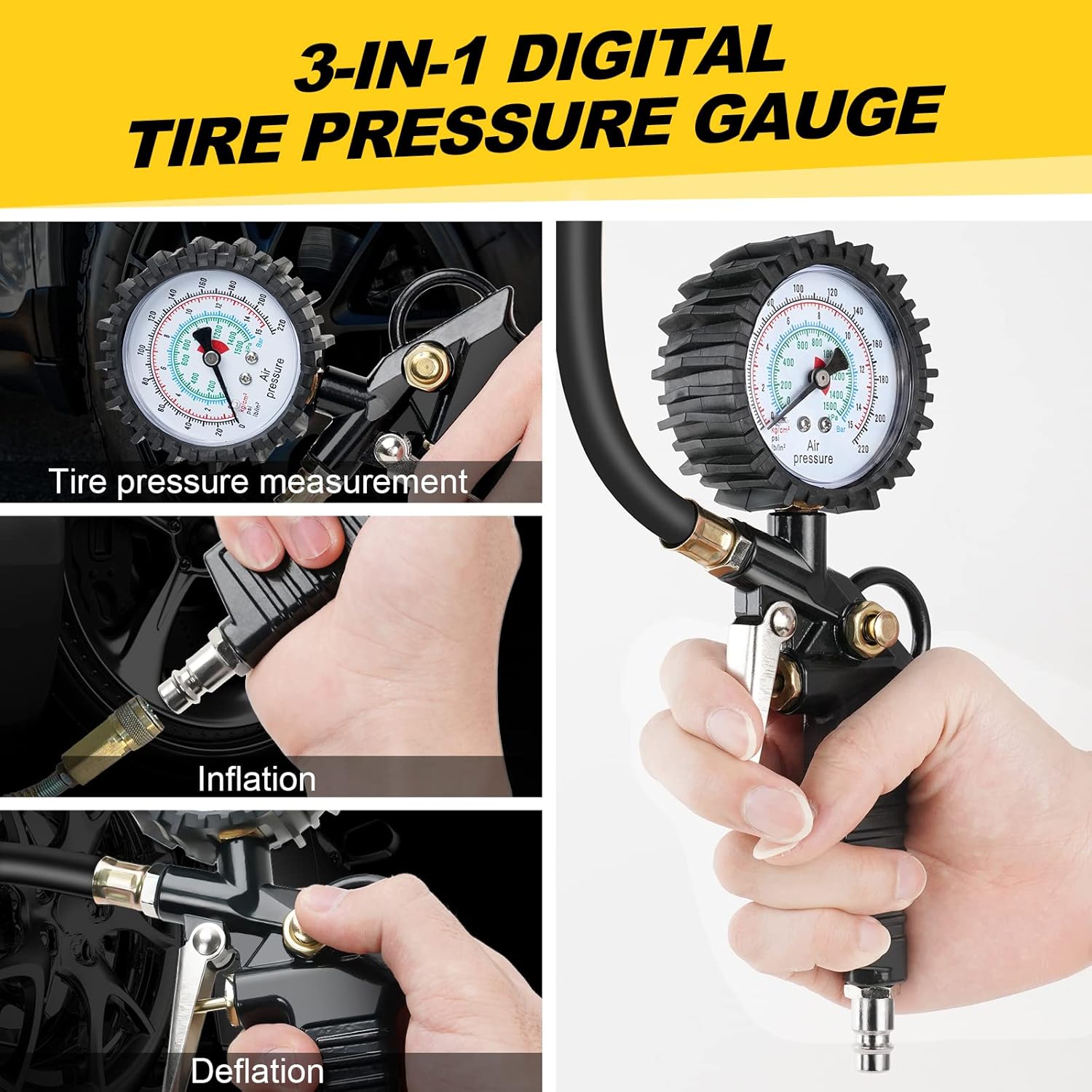 Thumbnail 6 de VSSHE Tyre Pressure Gauge – 220 PSI with Rubber Hose and Valve Core Tool