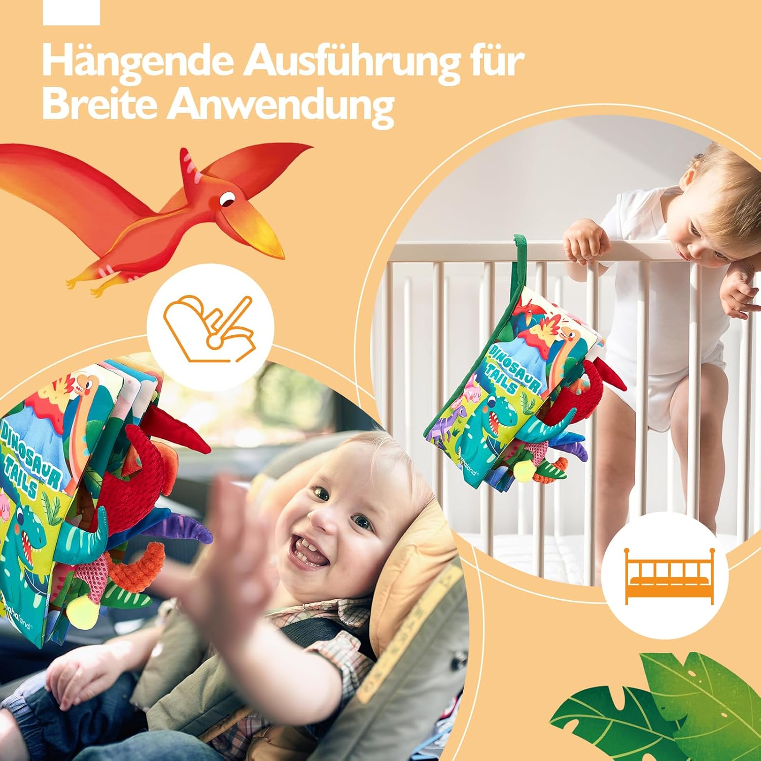Thumbnail 5 de hahaland Baby Spielzeug 0–6 Monate Dinosaurier: sensorisches Stoffbuch mit Schwanz, Knister- und Quiet-Effekten