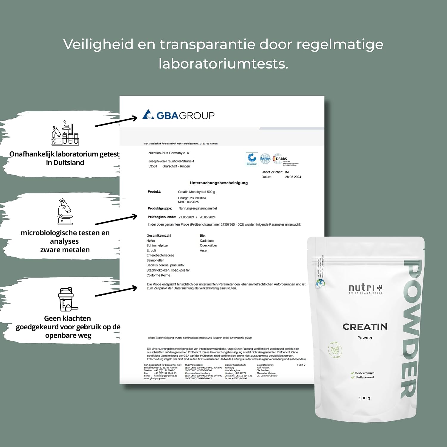 Detalle de Nutri + Creatine Monohydraat 500 g, neutraal poeder met Mono Mesh 200