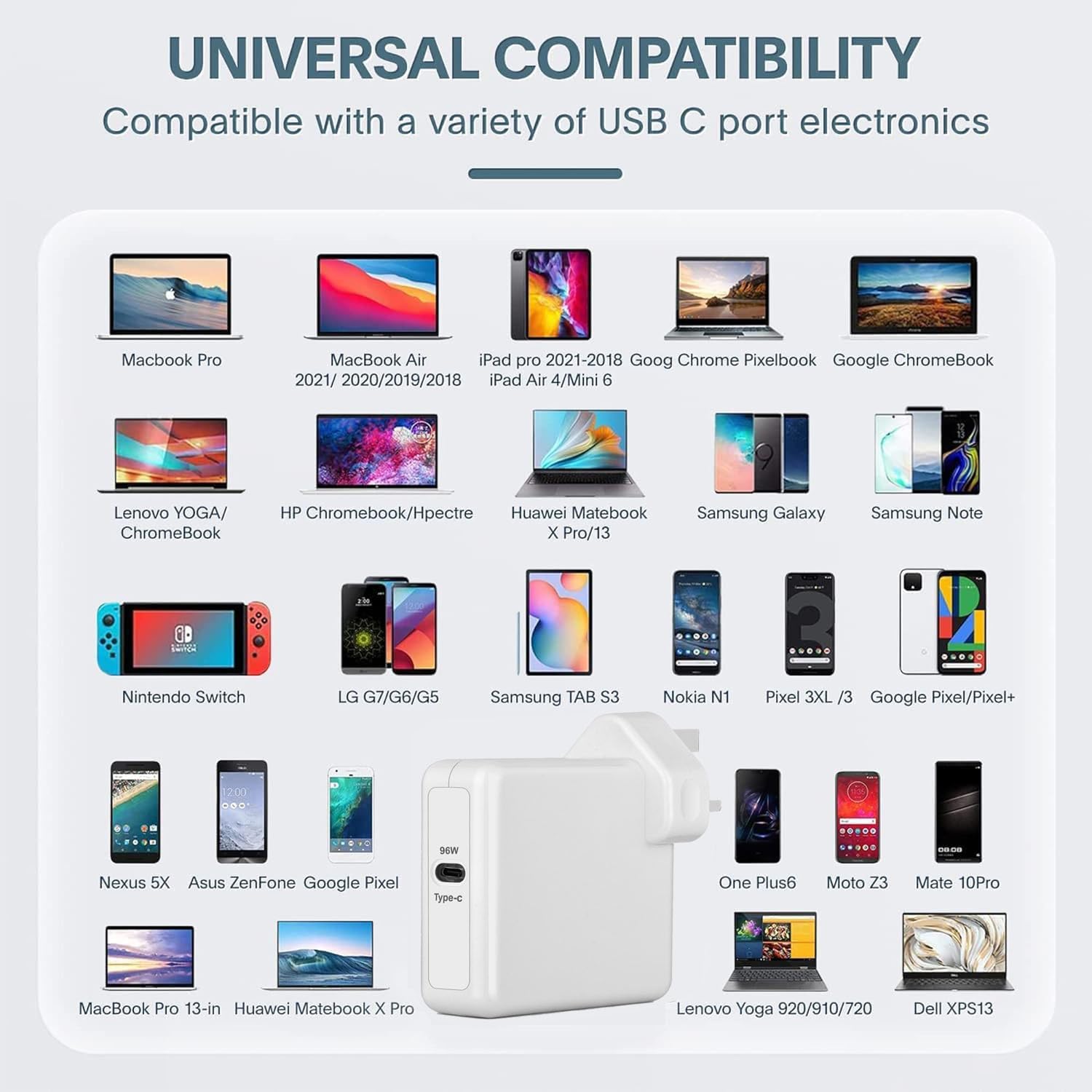Thumbnail 1 de 96W USB-C Fast Laptop Charger (MacBook Pro/Air compatible) with foldable plug and 1.8M USB-C cable