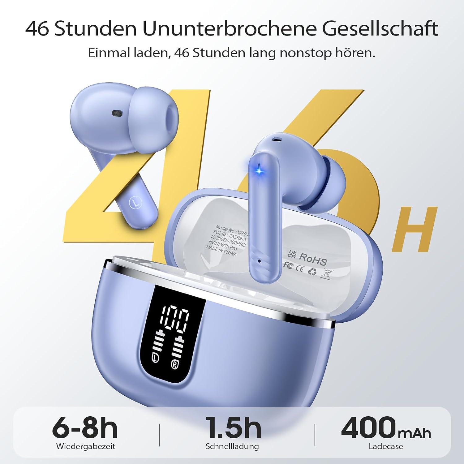 Detalle 2 de W70 Pro In-Ear Bluetooth Kopfhörer – 46 Stunden Akku, Bluetooth 5.4, IPX7, HiFi-Sound
